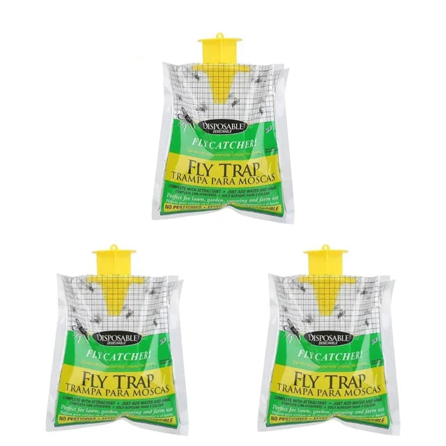 Three Eco Disposable Outdoor Fly Traps by Belro for effective outdoor pest control in home and garden settings.