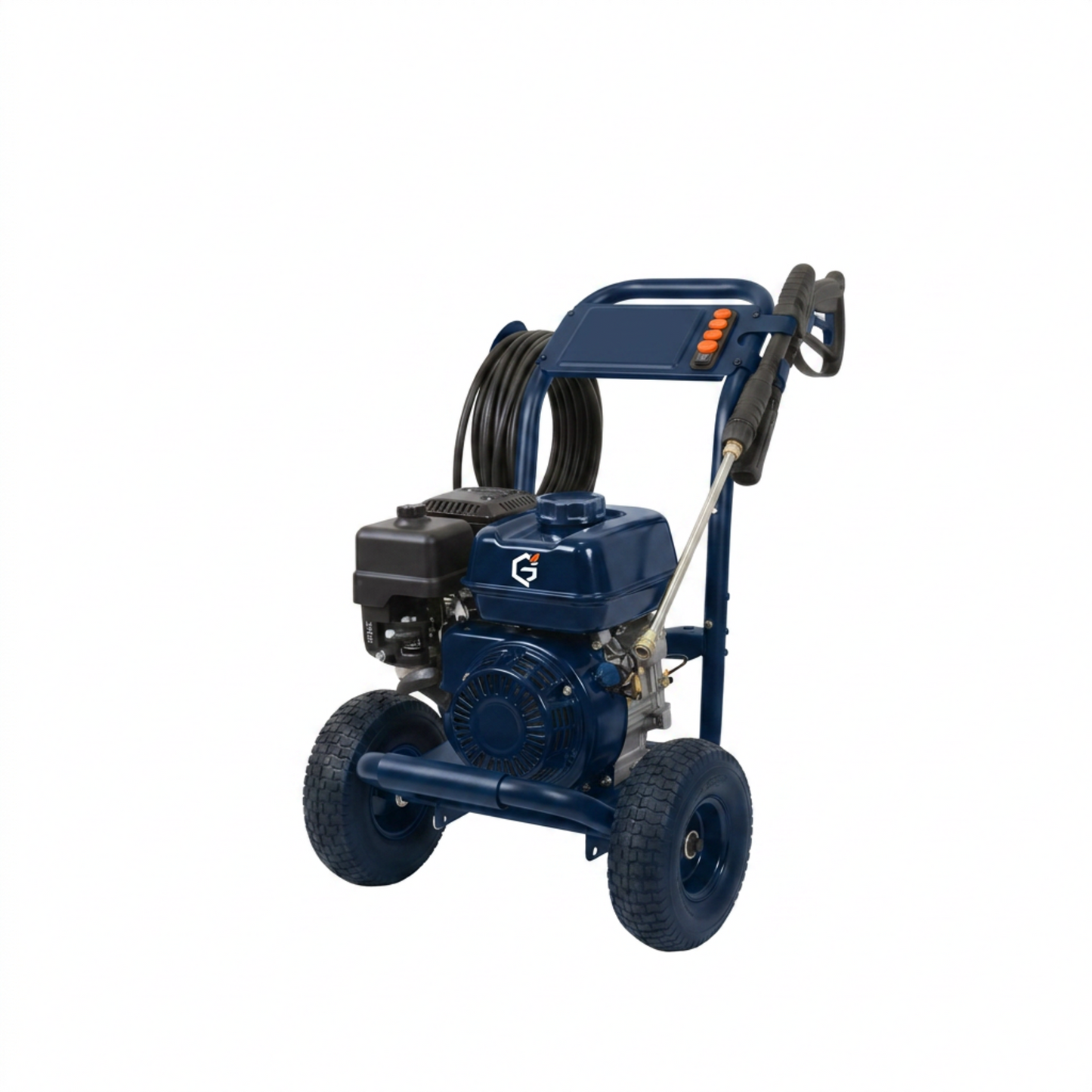GETDECO HydroForce 3450 gas pressure washer with red accents, showcasing its compact design and sturdy build for outdoor cleaning.