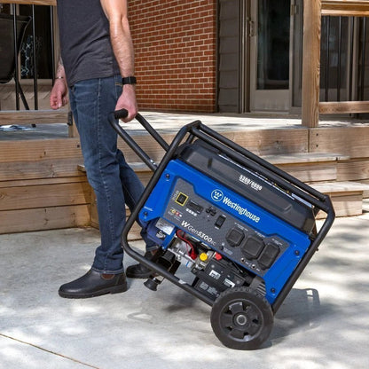 Casavibeo WGen5300sc portable generator with CO sensor, shown outdoors with a handle and sturdy design for backup power.