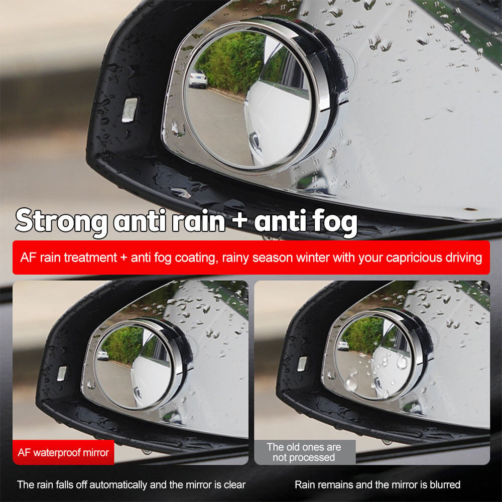 Belro automotive convex blind spot mirror attached to a car side mirror for improved visibility and safety.