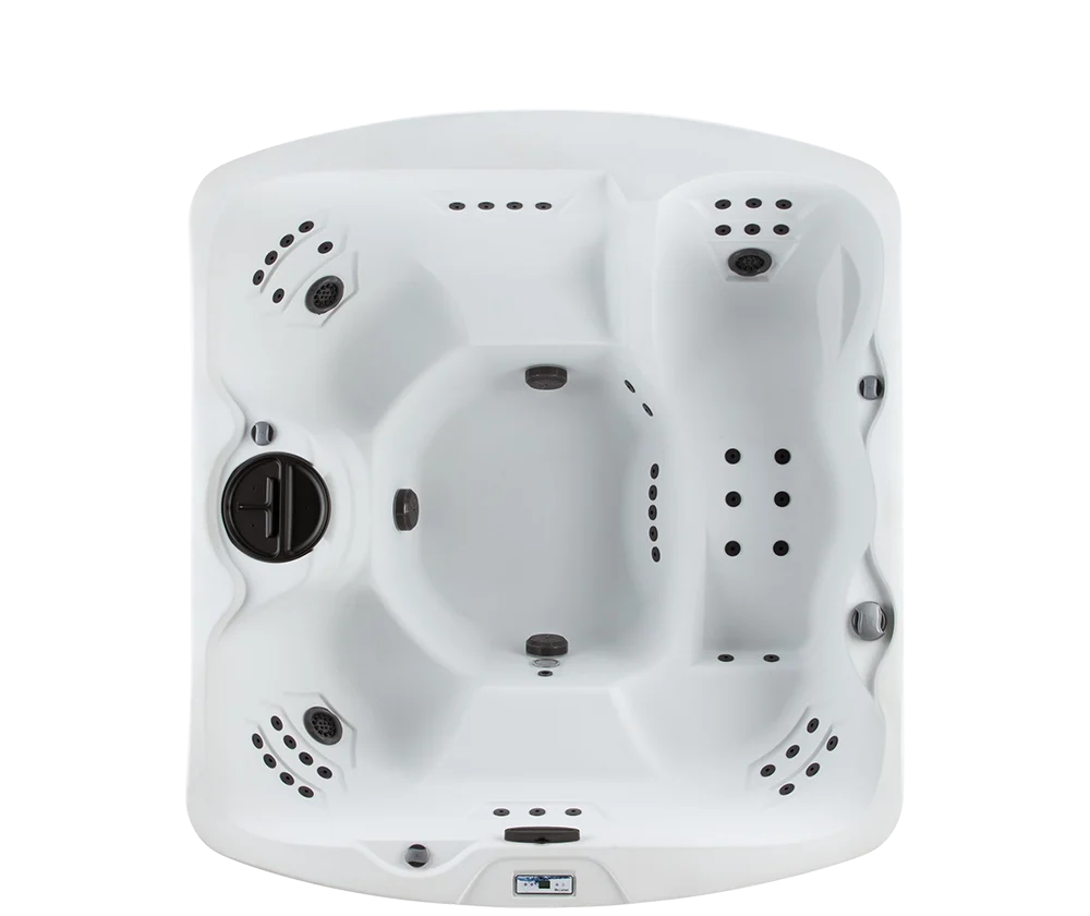Casavibeo Lifesmart Leganza 6-person spa with 90 jets, lounge seating, Arctic White exterior, 230V hot tub for relaxation.