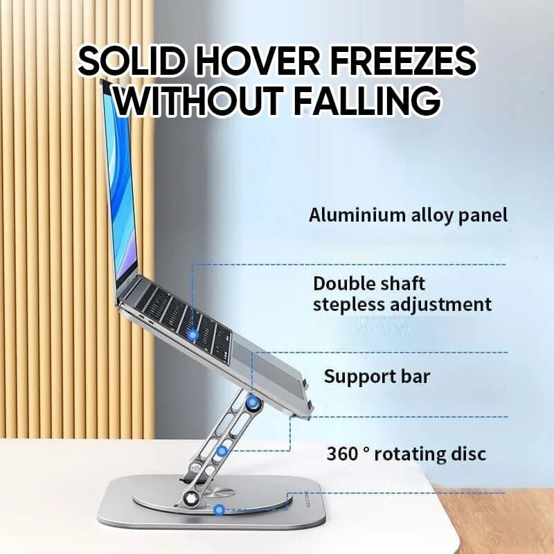Belro aluminum alloy laptop stand with 360-degree rotating bracket for adjustable computer support and ergonomic office setup.
