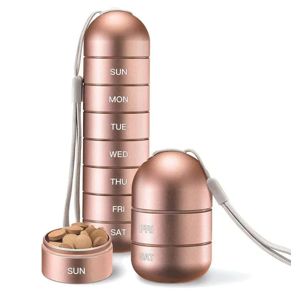 Belro aluminum 7-day portable pill organizer with multiple compartments, ideal for travel and daily medication management.