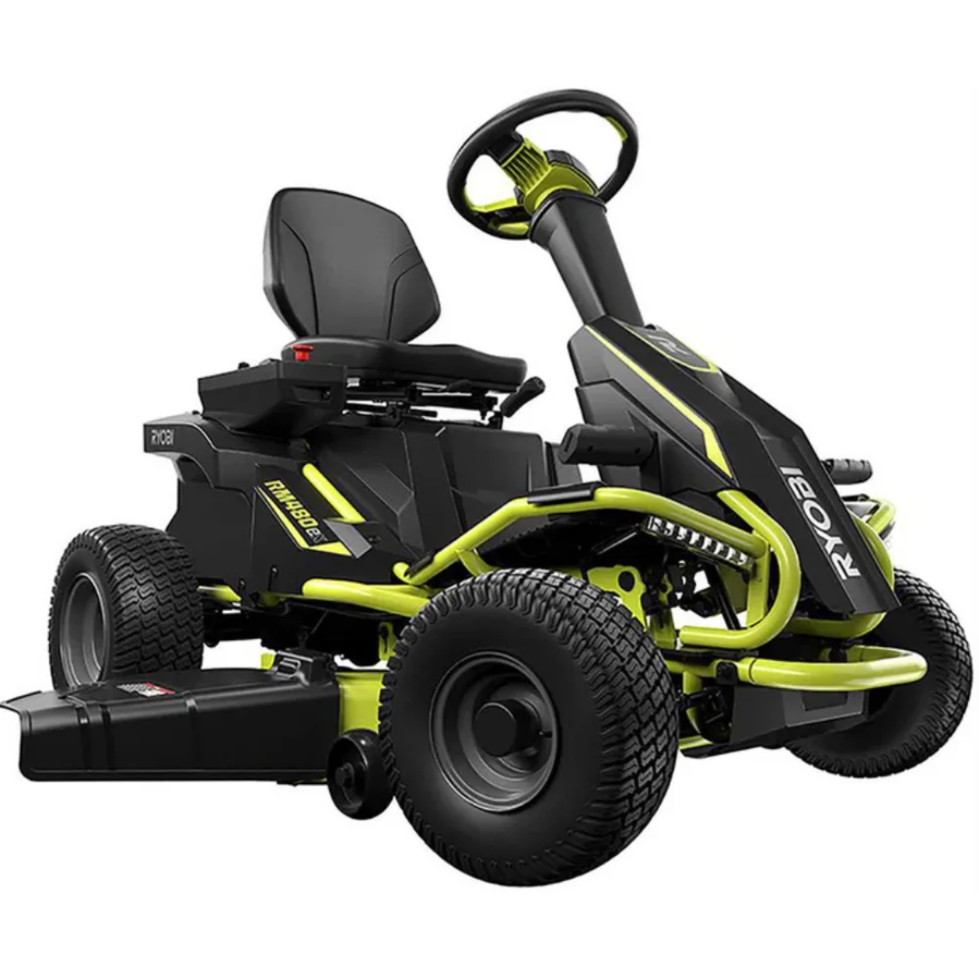 Ryobi 38-inch 100 Ah battery-powered rear engine riding lawn mower with cutting deck and control panel, brand Casavibeo.