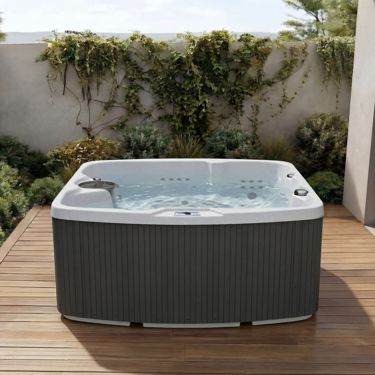 Casavibeo Lifesmart Leganza 6-person spa with 90 jets, lounge seating, in coastal gray color, front view outdoor hot tub