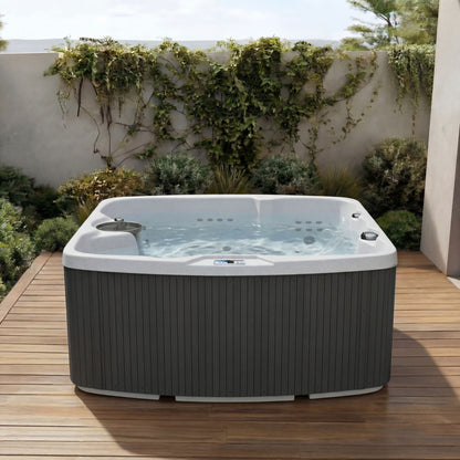Casavibeo Lifesmart Leganza 6-person spa with 90 jets, lounge seating, in coastal gray color, front view outdoor hot tub