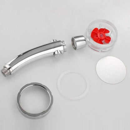 Belro 360° rotatable power shower head with adjustable spray settings, mounted in a bathroom setting.