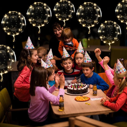 Set of 10 Mivoza LED balloons with warm glowing light, reusable party decorations, featuring colorful 3D balloon designs.