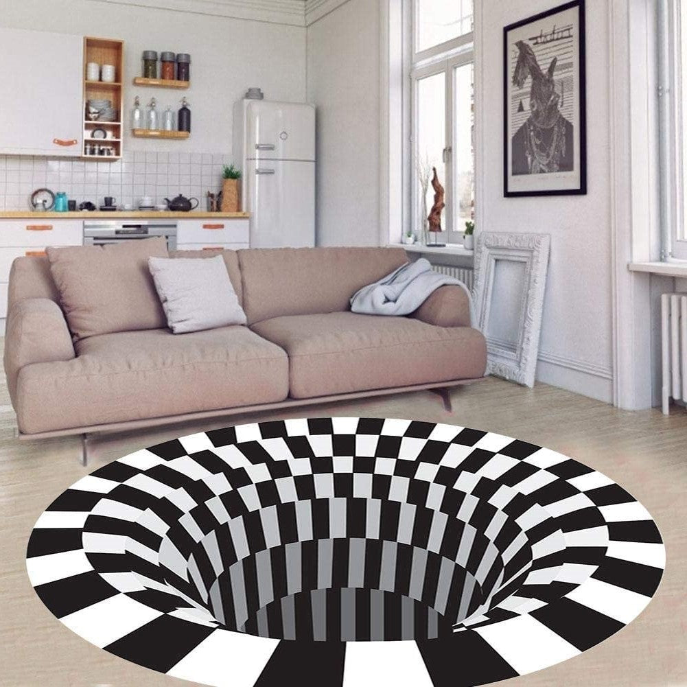Belro 3D Vortex Illusion Rug with swirling vortex design, perfect for modern home decor and living room accents