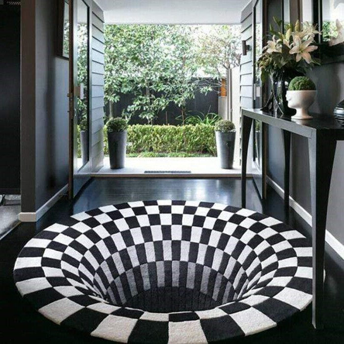 Belro 3D Vortex Illusion Rug with swirling black and white pattern, ideal for modern home decor and living room accents.