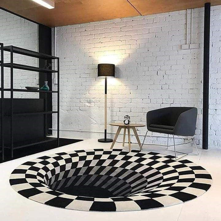 Belro 3D Vortex Illusion Rug with swirling black and white pattern, perfect for modern home decor and adding visual interest.