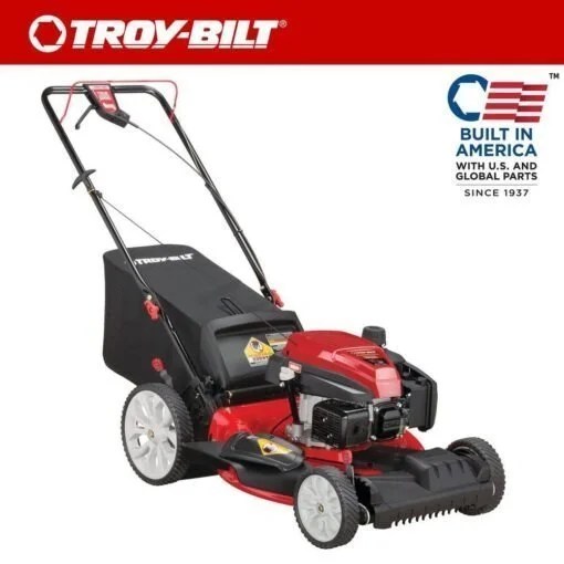 Casavibeo Troy-Bilt 21-inch 163cc 3-in-1 FWD self-propelled gas mower with cutting deck and control panel.