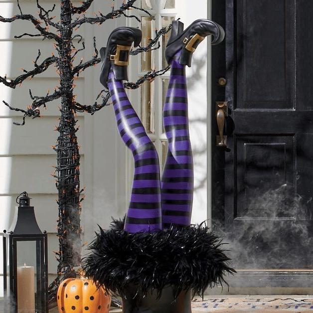 Belro witch leg stakes Halloween yard decorations set of two with spooky costume details for outdoor spooky decor.