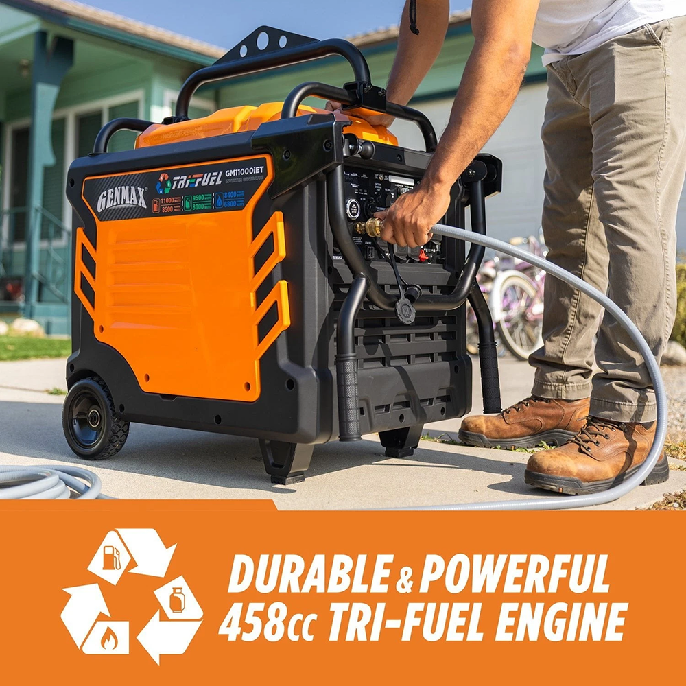 Casavibeo Genmax 11000W portable tri-fuel gas inverter generator with remote start and CO sensor, showing the unit and control panel.