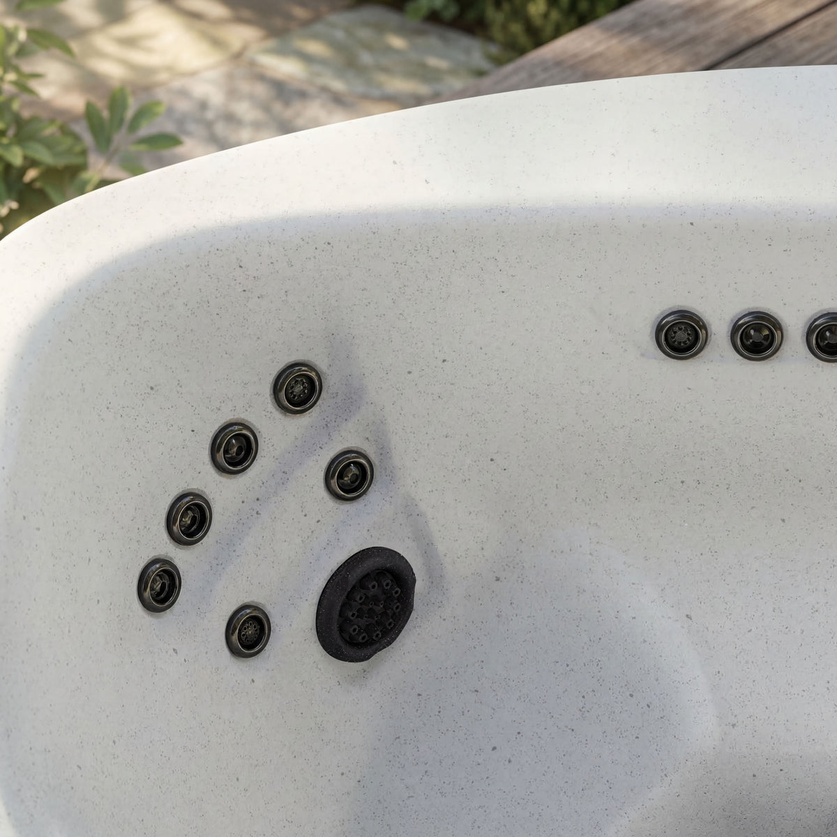 Lifesmart Leganza 6-person spa by Casavibeo with 90 jets, lounge seating, and coastal gray exterior for relaxing hydrotherapy.