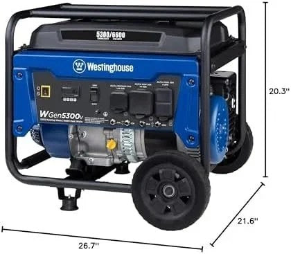 Westinghouse 6600W portable backup generator with 30A transfer switch and RV outlets, compact and reliable for home and outdoor use.
