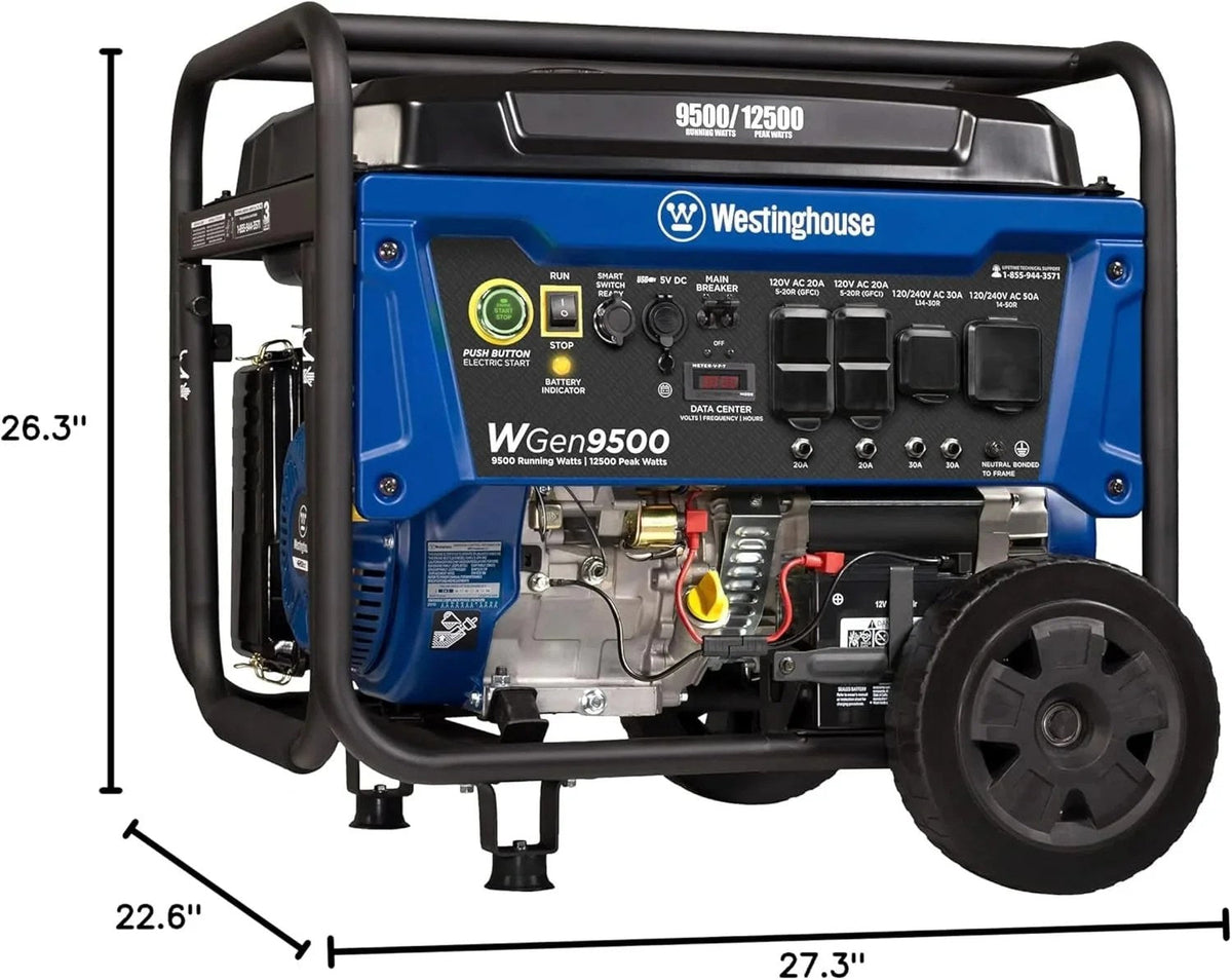 Casavibeo Westinghouse portable gas-powered generator with 9500 peak watts, compact design, and control panel for home backup use.