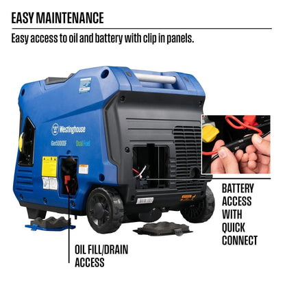 Westinghouse iGen5000DF 5000-watt portable inverter generator with dual fuel capability, shown in a compact, outdoor setting.