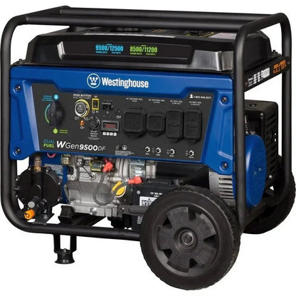 Casavibeo Westinghouse WGen9500DF portable generator with dual fuel capability, featuring a sturdy metal frame and control panel.