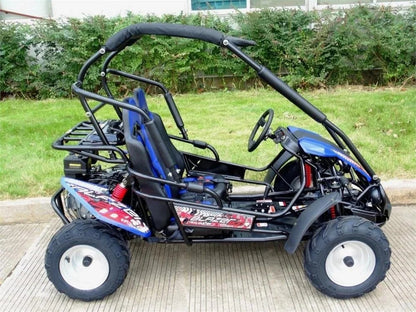 Casavibeo TrailMaster Blazer 200R mid go-kart with black frame and red accents, showing the vehicle from a side angle.