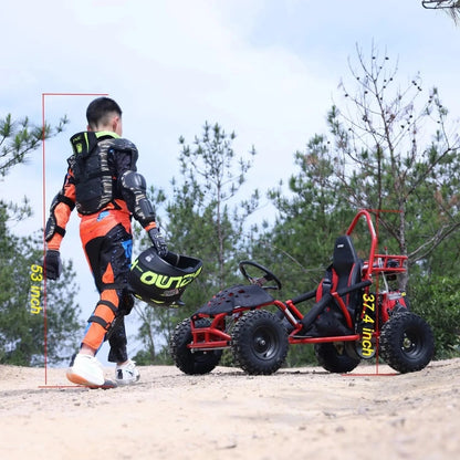Casavibeo X-Pro Rover 50 Go Kart showing a sleek black and red design with a sturdy frame and safety features.