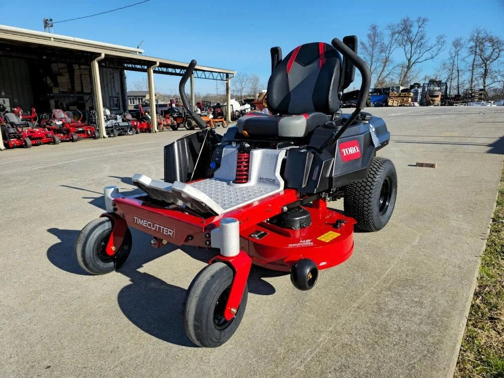 Toro 75747 42-inch TimeCutter MyRide zero-turn mower with 22HP Kohler engine, featuring a sleek design and comfortable seat.