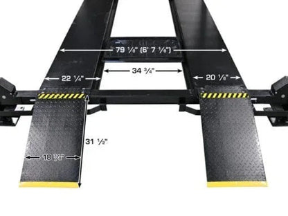 Atlas Apex 9 ALI Certified 9,000 lb 4-post car lift by Casavibeo, showing the sturdy four-post structure and hydraulic lifting mechanism.