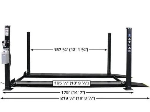 Casavibeo Atlas Apex 8 4-post lift for cars, showing the sturdy structure and lifting mechanism in a workshop setting.