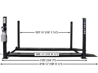 Casavibeo Atlas Apex 8 4-post lift for cars, showing the sturdy structure and lifting mechanism in a workshop setting.