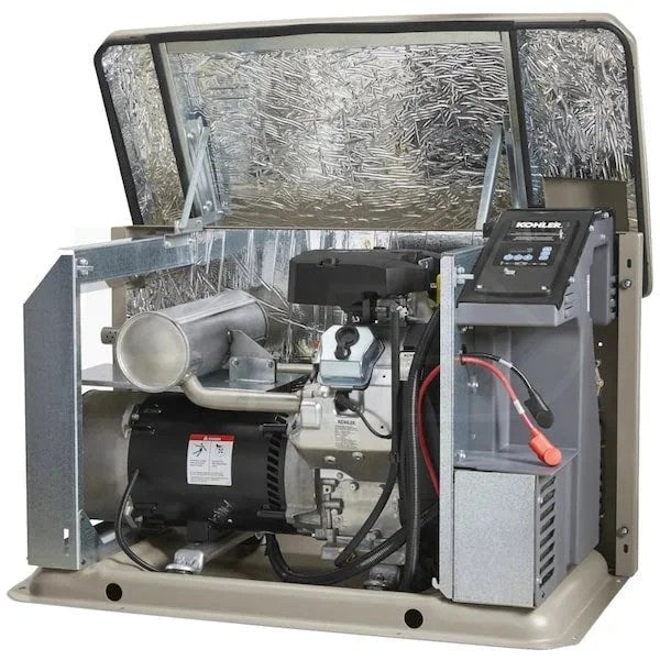 Kohler 20RCAL-200SELS 20kW aluminum standby generator system with 200A service disconnect and load shedding features.