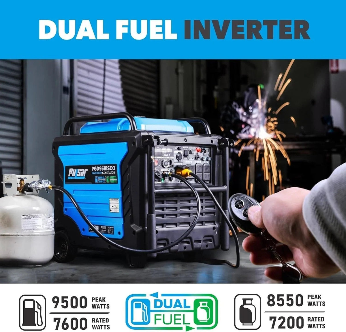 Casavibeo Pulsar PGD95BISCO inverter generator showing compact black design and control panel with multiple outlets.