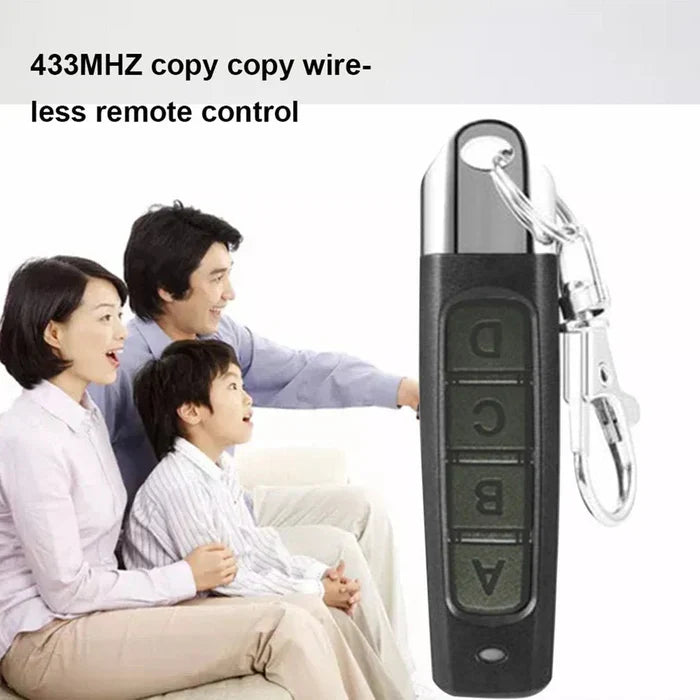 Belro 4-in-1 universal remote control duplicator for car, garage door, and gate, shown with remote and device in outdoor setting.