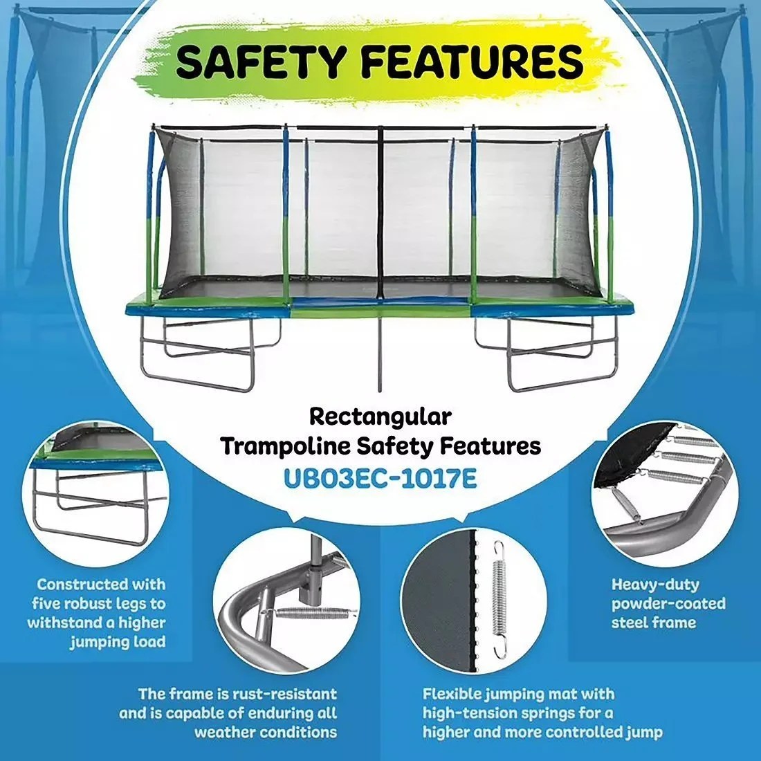 Casavibeo Upper Bounce Mega Trampoline 10x17 feet with safety net and padded edges, suitable for outdoor backyard use
