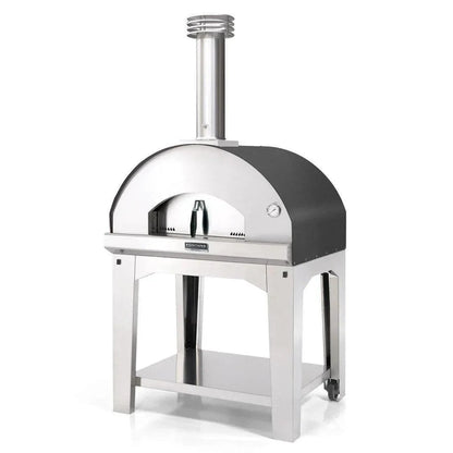Casavibeo Fontana Forni Mangiafuoco wood-fired pizza oven in anthracite with stone interior and chimney for authentic outdoor cooking.