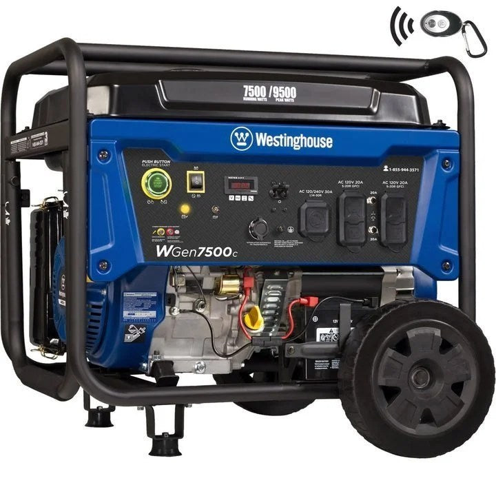 Westinghouse WGen7500c portable generator with pull-start and control panel, providing 9500 peak watts for outdoor power needs