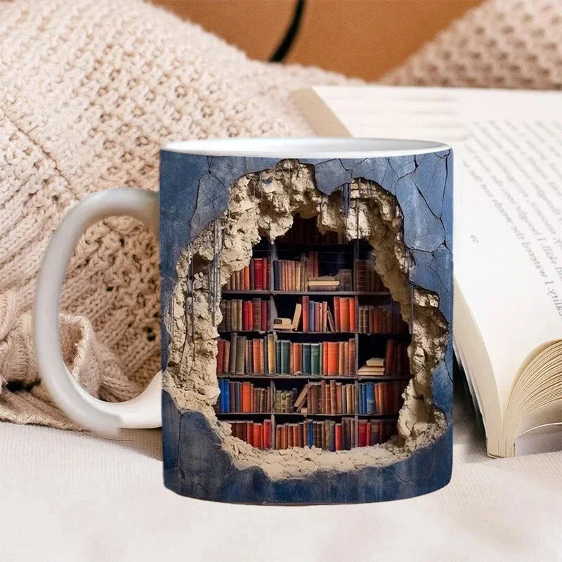 Belro 3D Library Bookshelf mug for book lovers, ceramic coffee cup with bookshelf design, ideal for home and kitchen use.