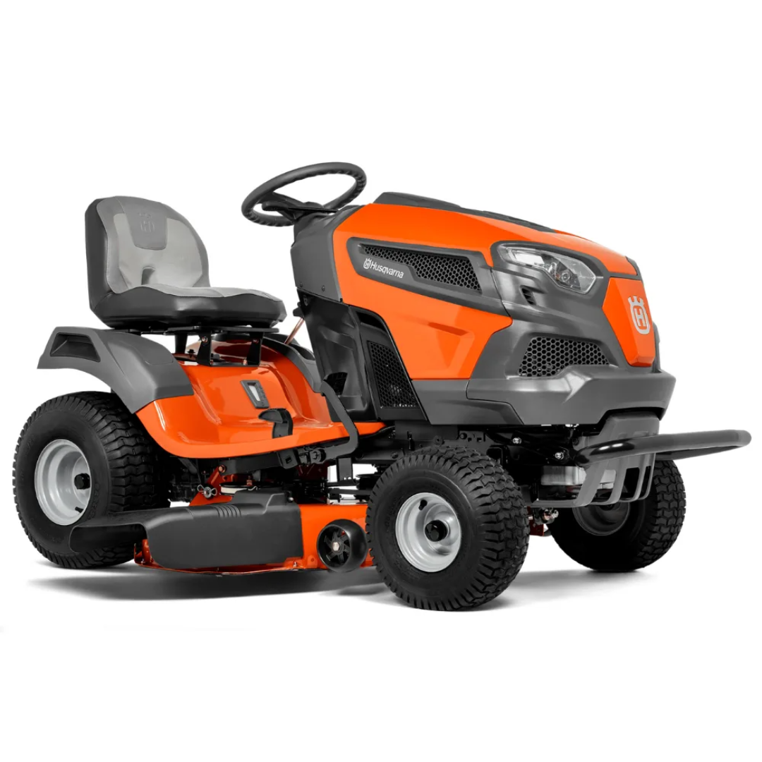 Husqvarna 22 HP riding lawn tractor with 46-inch cutting deck, black and green color, shown on a grassy lawn.