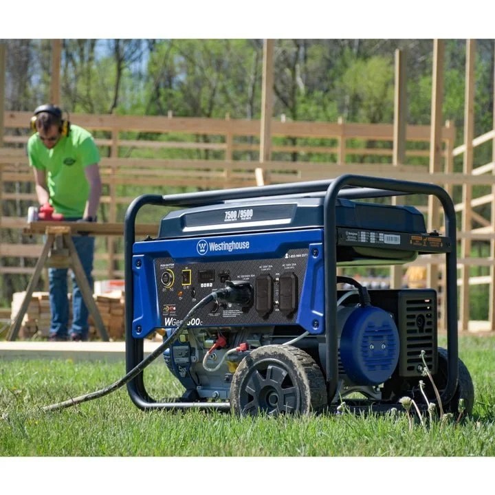 Westinghouse WGen7500c portable generator with four outlets and control panel, black and yellow design, outdoor use.