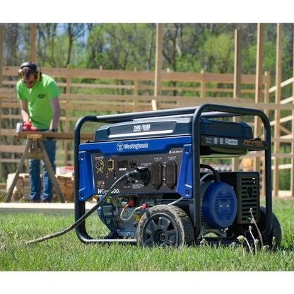 Westinghouse WGen7500c portable generator with four outlets and control panel, black and yellow design, outdoor use.