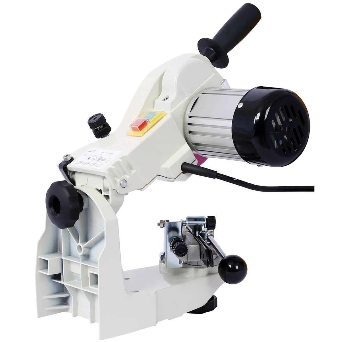 Casavibeo professional chainsaw sharpener with adjustable multi-angle chain grinder on a bench, 120V for precise sharpening.