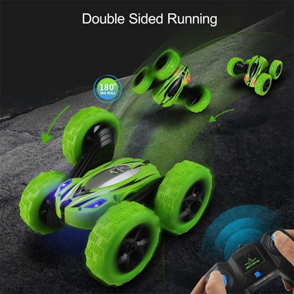 Green High-Impact RC Stunt Car by Belro, showcasing its rugged design and large tires for off-road performance.