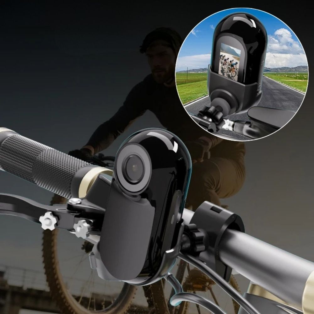 Mini Belro magnetic action camera mounted on a helmet, showing its compact design for POV sport recording.