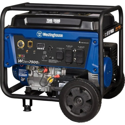 Westinghouse WGen7500c portable generator with 9500 peak watts, shown in a rugged outdoor setting, featuring large wheels and control panel.