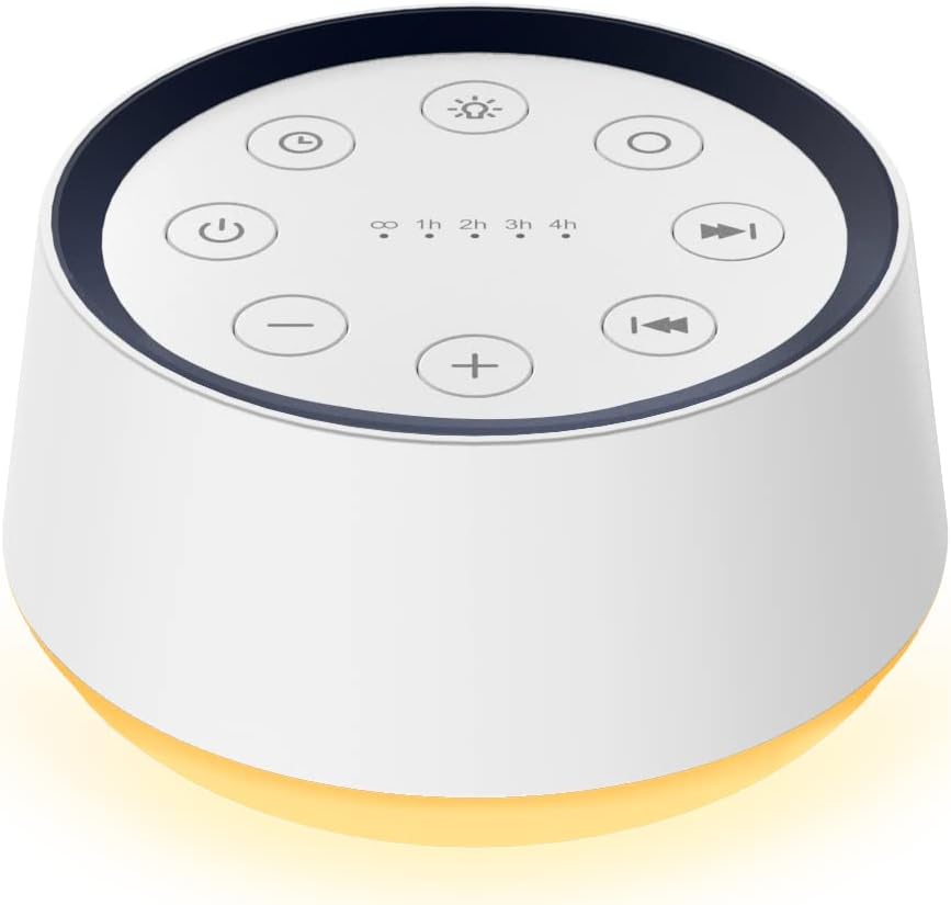 Belro Baby Sound Machine Noise device for soothing sleep, shown with buttons and soft white exterior.