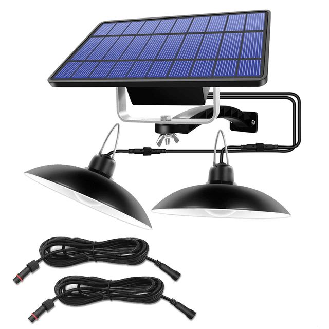 Belro solar shed lights hanging under an umbrella, showcasing outdoor solar-powered accessories for garden or patio lighting.