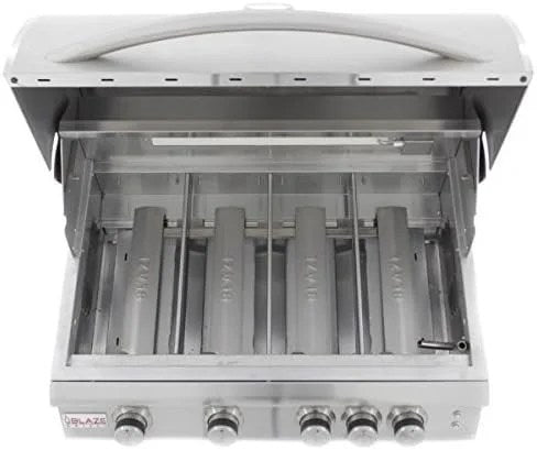 Casavibeo Blaze 32-inch 4-burner LTE gas grill with rear burner and built-in lighting system, showing stainless steel design and grilling surface.