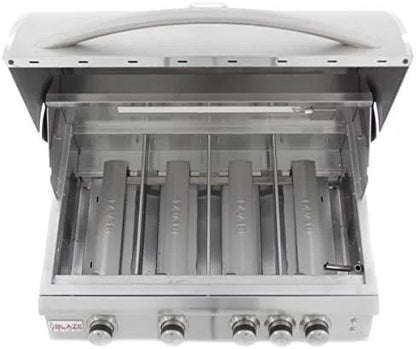 Casavibeo Blaze 32-inch 4-burner LTE gas grill with rear burner and built-in lighting system, showing stainless steel design and grilling surface.