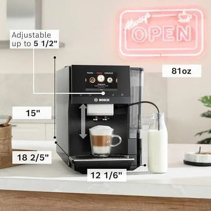 Bosch 800 Series VeroCafe fully automatic espresso machine with stainless steel finish and front loading coffee spouts.