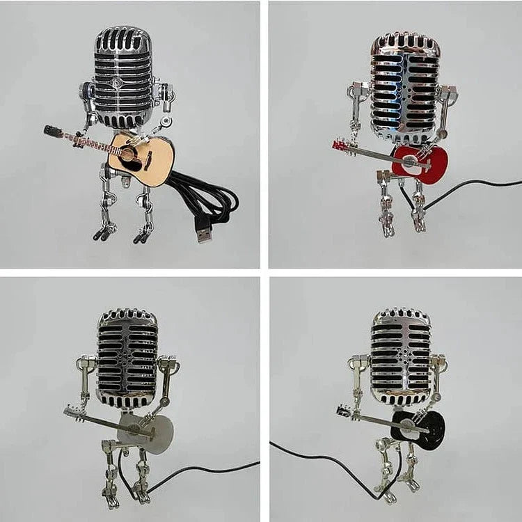 Vintage metal microphone robot with guitar lamp, Belro audio microphone and decorative musical instrument lighting.