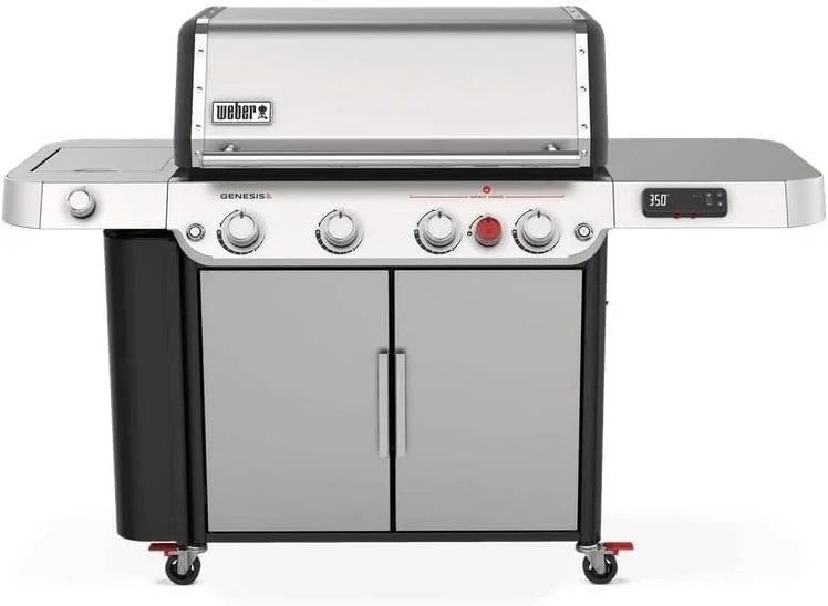 Casavibeo Weber Genesis SPX-435 smart gas grill with stainless steel lid, side shelves, and control panel for outdoor cooking.